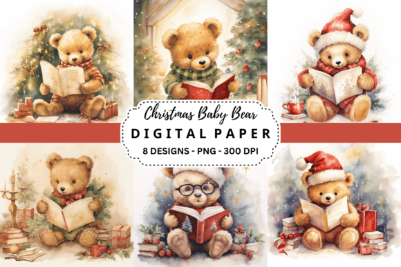 Christmas Baby Bear Reading Backgrounds for Festive Designs